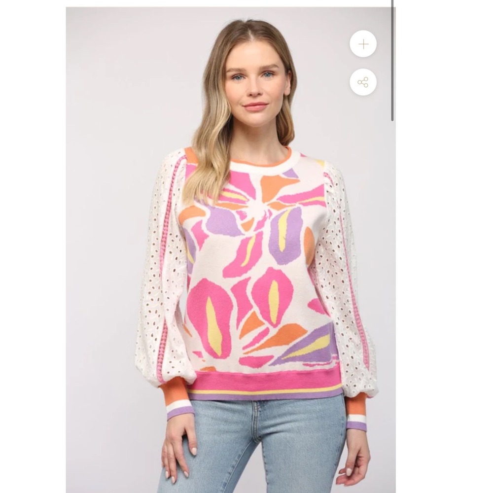 Fate Contrast Lace Sleeve Jacquard Knit Top Small‎ Cream Multicolored